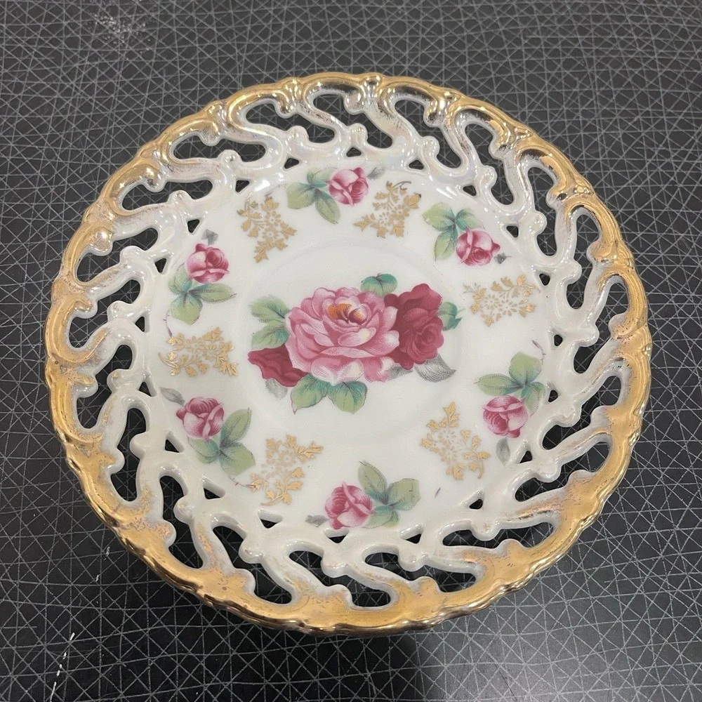 Vtg Nasco Japan Tea Cup Saucer Pink Roses Flowers Floral Golden Reticulated